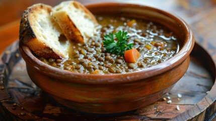 Wall Mural - Comforting Lentil Soup with Rustic Bread - Nourishing Meal Concept with Fresh Ingredients