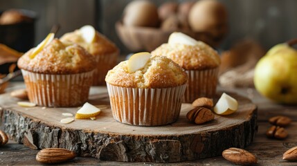 Wall Mural - Delicious Homemade Pear and Almond Muffins Served on Wooden Countertop