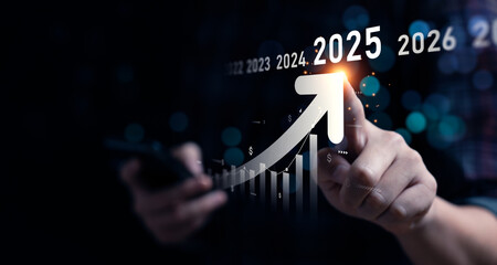 Business growing in 2025. Analytical businessman planning business growth 2025, strategy digital marketing, profit income, economy, stock market trends and business