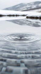 Sticker - A close-up view of water ripples created by a droplet in a serene landscape with soft white and gray tones