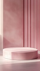 Poster - Minimalist pink podium and drapery in soft sunlight, abstract interior design concept