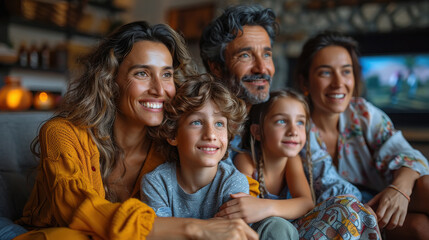 Wall Mural - family watching television together at home