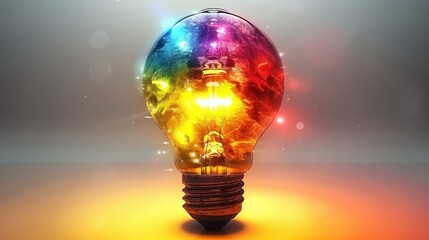 A vibrant light bulb glows with a captivating array of colors