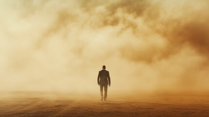 A man walks in a desert with a sky full of dust