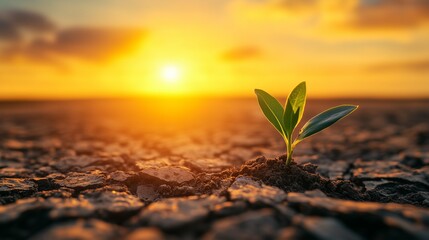 A small green plant sprouting from cracked earth