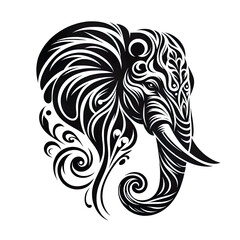 A beautiful elephant black line stencil artwork isolated on white background PNG