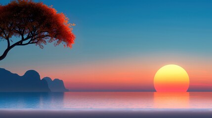 Wall Mural - Serene Sunset Landscape with Silhouetted Tree