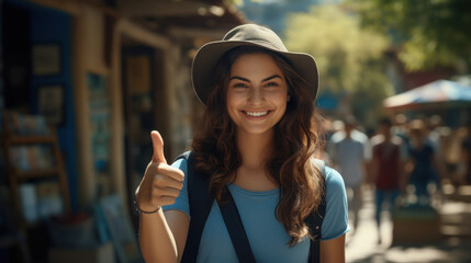 Canvas Print - young indian female student showing thumbs up