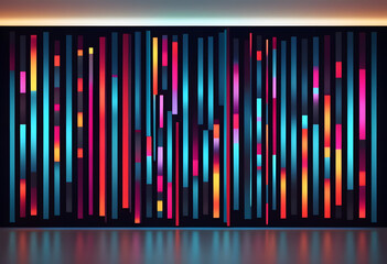 Poster - A vibrant abstract wall design featuring vertical stripes in various colors including blue, pink, orange, and purple, set against a dark background. The lighting creates a dynamic atmosphere.