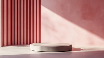 Aufkleber - Round concrete pedestal in pink room with sunlight, modern minimalistic interior design