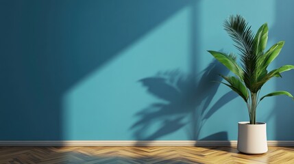 Wall Mural - A potted palm tree against a blue wall with a wooden floor