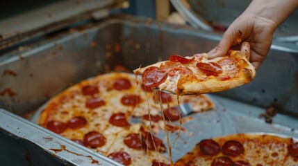 A hand pulls a cheesy slice of pepperoni pizza from a tray filled with fresh, hot pizzas