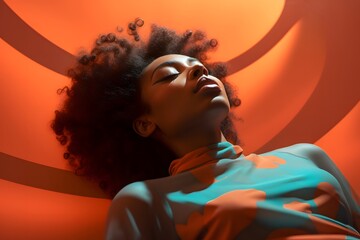 Sticker - Artistic Portrait of Woman Lying on Orange Fabric