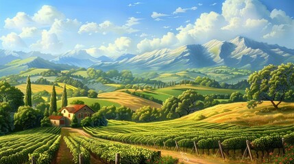 Vineyard stretches across rolling hills with mountains in the background under a vibrant sky