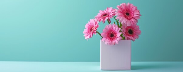 Wall Mural - Pink gerbera flowers in a white vase, minimalist decor against a teal background. Floral arrangement and interior design concept