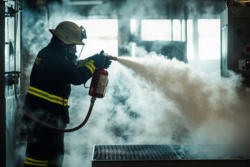 Firefighter using a fire extinguisher to control a fire