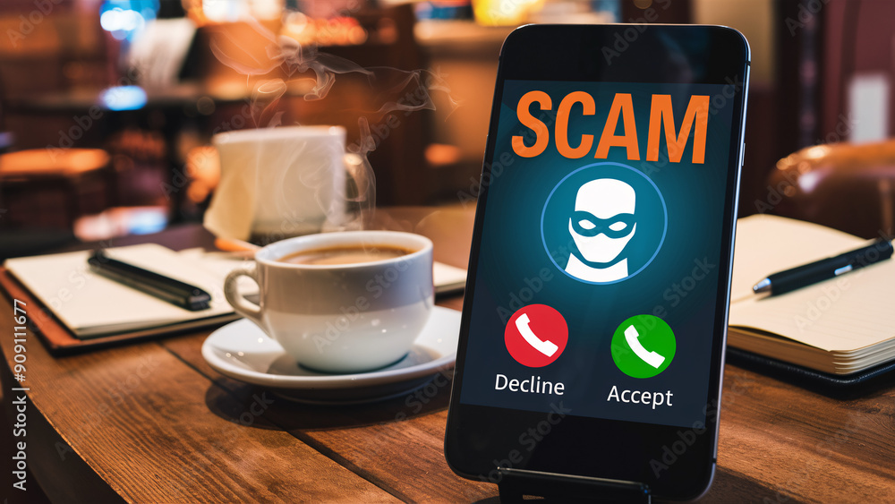 Smartphone Displaying Scam Call Alert in Cozy Café with Coffee and ...