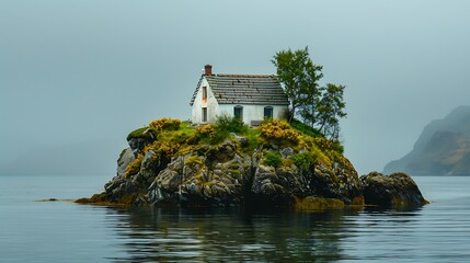 Poster - Lone cottage on stone small island