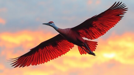 Vibrant Red Crane Soaring Against a Sunset Sky