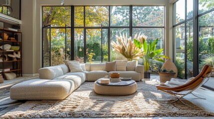 Wall Mural - Modern Elegance in Sunroom with Contemporary Furniture, Cozy Rug, and Expansive Windows