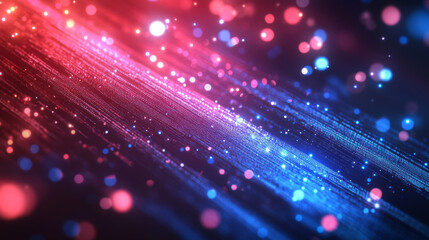 Abstract image showcasing dynamic red and blue digital light streaks with bokeh effects, creating a futuristic and high-tech atmosphere.
