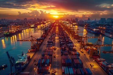 Wall Mural - A city skyline with a large body of water in the background. The sun is setting, casting a warm glow over the scene. The water is filled with large cargo ships, and the city is bustling with activity