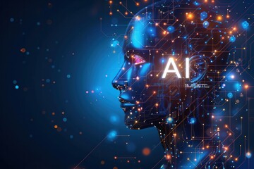 Wall Mural - A woman's face is shown with a glowing blue background and the word AI written in orange. The image conveys a futuristic and technological atmosphere, with the AI being the central focus