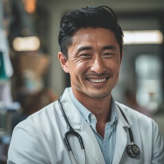 Poster - A smiling man in a white lab coat with a stethoscope around his neck. He is a doctor