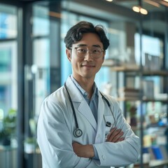 Wall Mural - A man in a white lab coat is smiling and posing for a picture. He is wearing glasses and he is a doctor