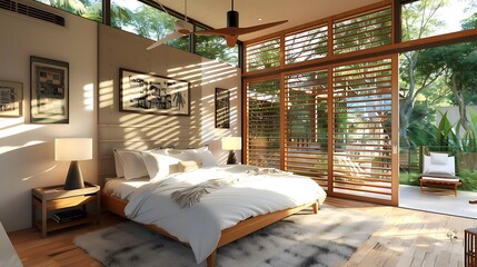 Luxury ceiling fan bright bedroom in modern house extension