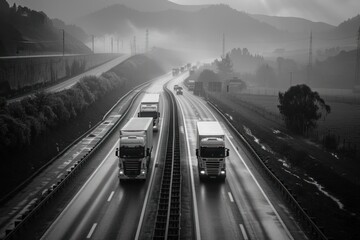 Two semi trucks are driving down a highway in the rain. The road is wet and the trucks are moving slowly