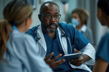 a doctor is talking to two nurses in a hospital setting. the doctor is holding a tablet and he is di