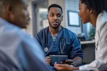 Poster - A doctor is talking to two patients in a hospital room. The doctor is holding a tablet and the patients are looking at it. Scene is serious and focused on the doctor's advice