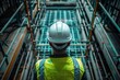 © sornthanashatr - A man in a yellow vest and a white helmet is standing in a large building. He is looking up at something, possibly a construction site. Concept of caution and safety, as the man is wearing a hard hat