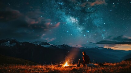 Wall Mural - A person sitting by a campfire in the mountains, under the stars