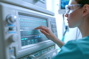 Wall Mural - A woman is touching a monitor that has a heart rate on it. She is wearing a lab coat and is wearing safety glasses