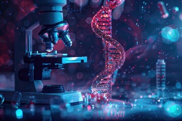 Canvas Print - A microscope is used to look at a strand of DNA. The image is a mix of science and art, with the DNA strand appearing to be glowing and the microscope itself looking like a futuristic device