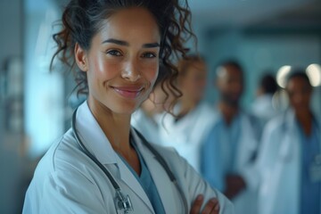 Poster - A woman in a white lab coat is smiling and posing for a photo with her arms crossed. Concept of professionalism and confidence, as the woman is a doctor and is proud of her work