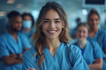 Sticker - A group of nurses are smiling for the camera. The woman in the center is the only one wearing a stethoscope