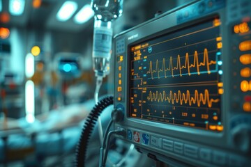 Canvas Print - A medical monitor displays a patient's heart rate and other vital signs. The monitor is connected to a patient via a tube, and the patient is hooked up to a ventilator. The scene is tense and serious