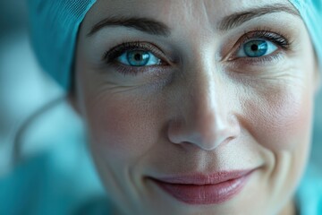 Gentle smile of a nurse,soft hospital lighting, with copy space