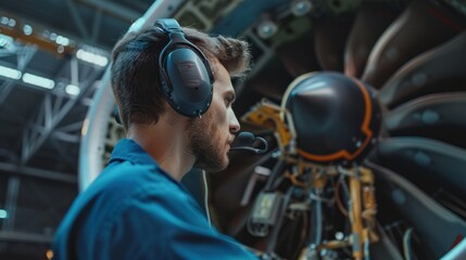 Wall Mural - Aircraft mechanic wearing headset, conducting maintenance on an airplane