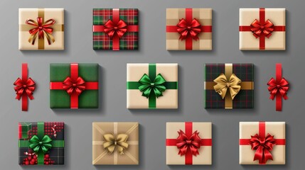 Wall Mural - Set of Gift present box and bow ribbon, christmas holiday collection on transparent background cutout. PNG file. Many assorted different design. Mockup template for artwork design. 