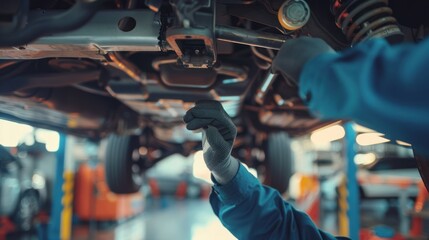 Wall Mural - Mechanic inspecting transmission fluid levels under a raised car