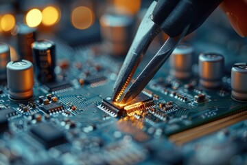 Poster - A person is using a pair of pliers to remove a component from a circuit board