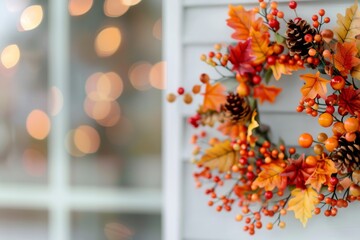 Sticker - Autumn Decorations With Colorful Berries and Leaves on a Window