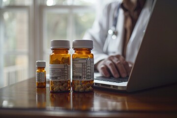 Poster - A doctor is typing on a laptop while two bottles of pills are on the table in fr