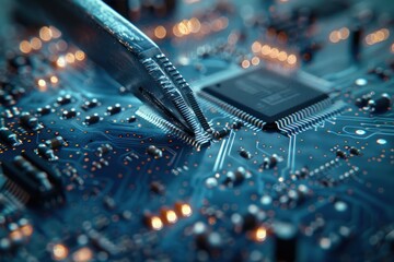 Poster - A close up of a computer chip with a tool on it