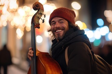 Wall Mural - Joyful grin of a street musician, warm street light, with copy space