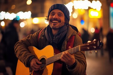 Joyful grin of a street musician, warm street light, with copy space